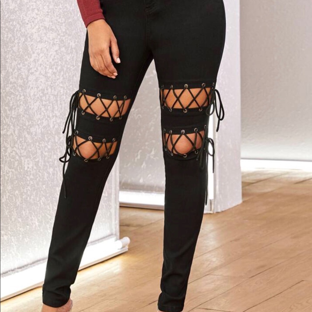 Eyelet Lace-Up Skinny Jeans